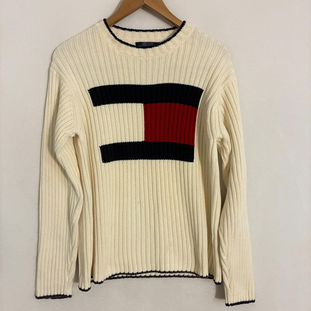 Vintage 2000s Tommy Hilfiger Big Flag USA Made Sweater Mens M Ribbed Knit Preppy